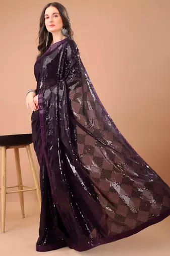 Purple georgette party wear embroidered saree with blouse fabric 