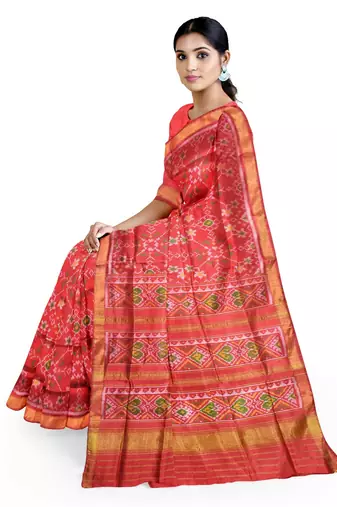 Red mulberry pure silk single ikkat  saree