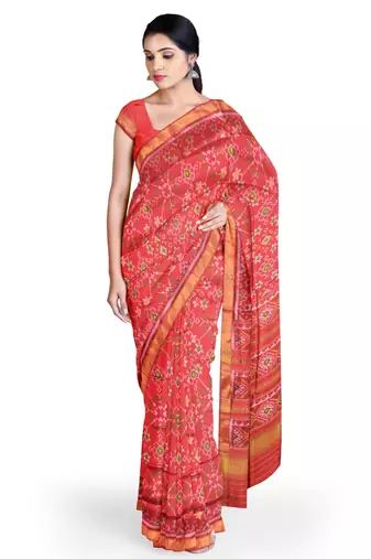 Red mulberry pure silk single ikkat  saree