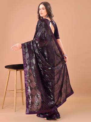 Purple georgette party wear embroidered saree with blouse fabric  3