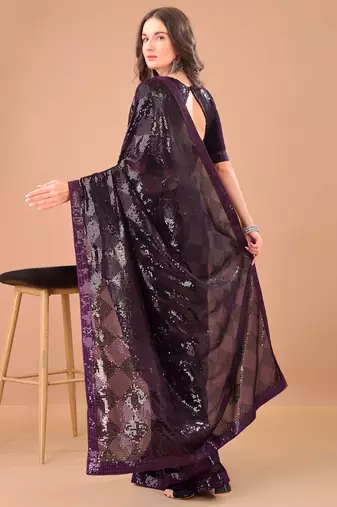Purple georgette party wear embroidered saree with blouse fabric 