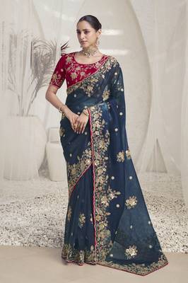 Dark rama crystal party wear embroidered saree with blouse fabric  1