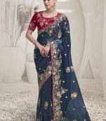 Dark rama crystal party wear embroidered saree with blouse fabric 