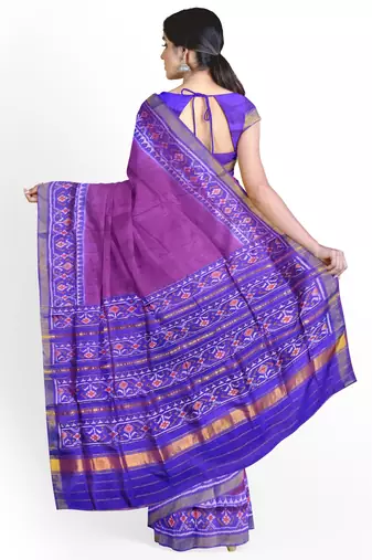 Blue and magenta mulberry pure silk single ikkat  saree