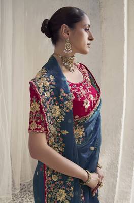 Dark rama crystal party wear embroidered saree with blouse fabric  2