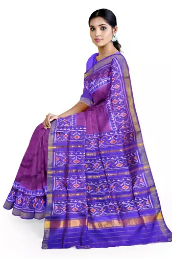 Blue and magenta mulberry pure silk single ikkat  saree