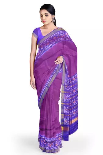 Blue and magenta mulberry pure silk single ikkat  saree