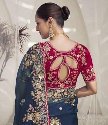Dark rama crystal party wear embroidered saree with blouse fabric  3