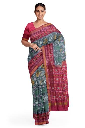 Pink and grey mulberry pure silk single ikkat  saree