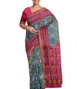 Pink and grey mulberry pure silk single ikkat  saree