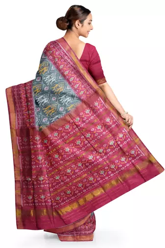 Pink and grey mulberry pure silk single ikkat  saree