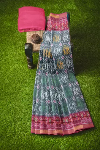 Pink and grey mulberry pure silk single ikkat  saree