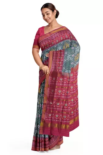 Pink and grey mulberry pure silk single ikkat  saree
