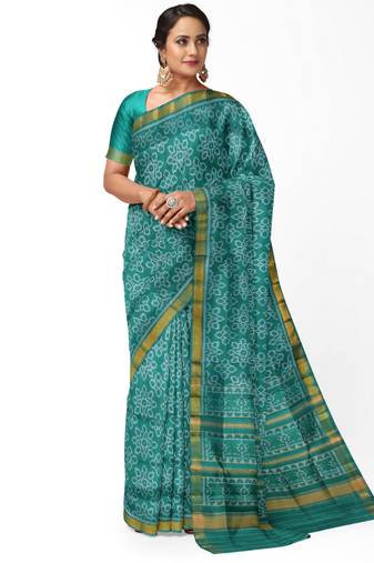Sea green mulberry pure silk single ikkat  saree
