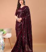 Wine georgette party wear embroidered saree with blouse fabric 