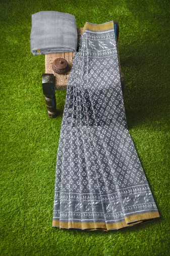 Gray mulberry pure silk single ikkat  saree
