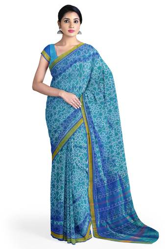 Sea green mulberry pure silk single ikkat  saree