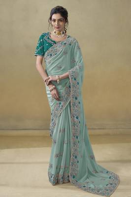 Sea green ice georgette party wear embroidered saree with blouse fabric  1