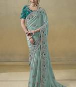 Sea green ice georgette party wear embroidered saree with blouse fabric 