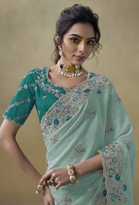 Sea green ice georgette party wear embroidered saree with blouse fabric  2