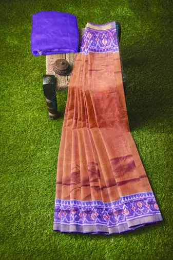 Purple and yellow mulberry pure silk single ikkat  saree