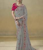 Grey ice georgette party wear embroidered saree with blouse fabric 