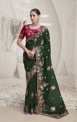 Green crystal party wear embroidered saree with blouse fabric  1