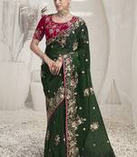 Green crystal party wear embroidered saree with blouse fabric 