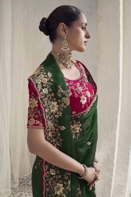 Green crystal party wear embroidered saree with blouse fabric  2