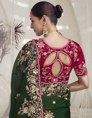 Green crystal party wear embroidered saree with blouse fabric  3