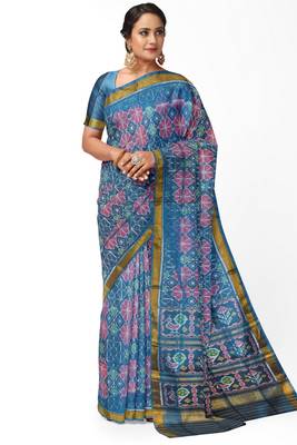 Turquoise blue mulberry pure silk single ikkat  saree 1