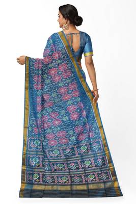 Turquoise blue mulberry pure silk single ikkat  saree 2