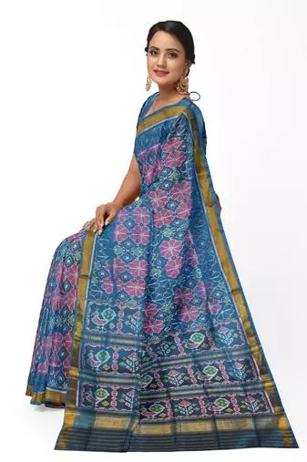 Turquoise blue mulberry pure silk single ikkat  saree