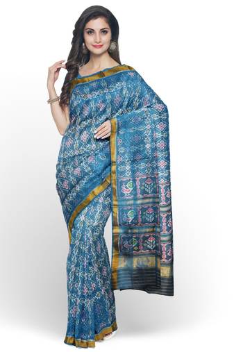 Turquoise blue mulberry pure silk single ikkat  saree