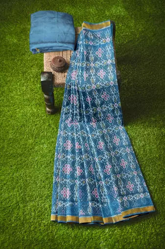 Turquoise blue mulberry pure silk single ikkat  saree