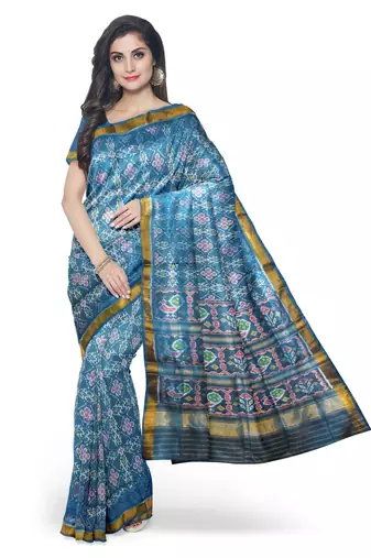 Turquoise blue mulberry pure silk single ikkat  saree