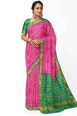 Green and pink mulberry pure silk single ikkat  saree 1
