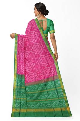 Green and pink mulberry pure silk single ikkat  saree 2