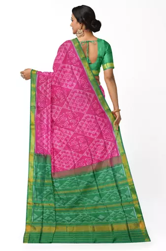 Green and pink mulberry pure silk single ikkat  saree