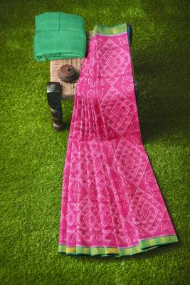 Green and pink mulberry pure silk single ikkat  saree 3