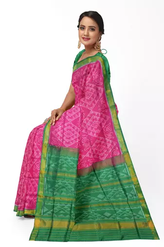Green and pink mulberry pure silk single ikkat  saree