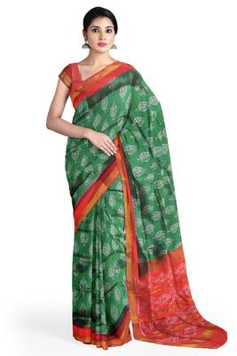 Red and green mulberry pure silk single ikkat  saree 1