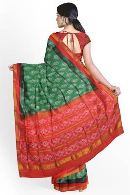 Red and green mulberry pure silk single ikkat  saree 2