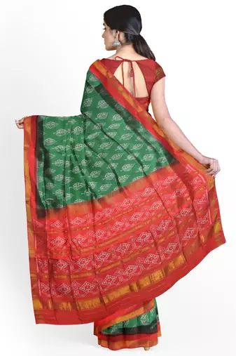 Red and green mulberry pure silk single ikkat  saree