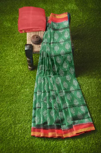 Red and green mulberry pure silk single ikkat  saree