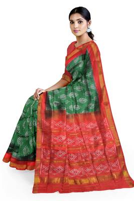 Red and green mulberry pure silk single ikkat  saree 4