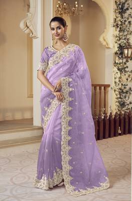 Lavender micro net party wear embroidered saree with blouse fabric  1