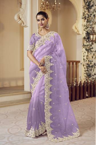 Lavender micro net party wear embroidered saree with blouse fabric 