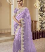 Lavender micro net party wear embroidered saree with blouse fabric 