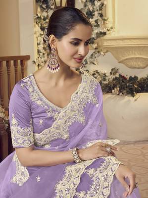 Lavender micro net party wear embroidered saree with blouse fabric  2